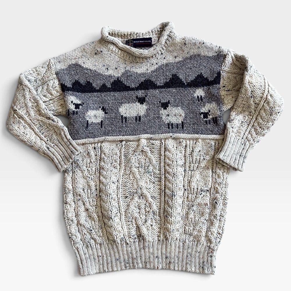 JM Cooper British Wool Sheep Roll Neck Fisherman Sweater 3-4Y Kids Oversized